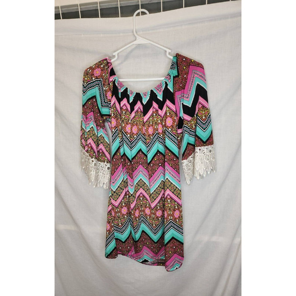 Chevron Top Tunic Boho Blouse Size XLarge 3/4 Lace Multi-Color Hippie Women's - Picture 2 of 8